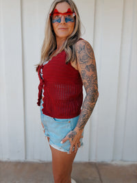 Dark Red Open Knit Double Tie-Front Vest