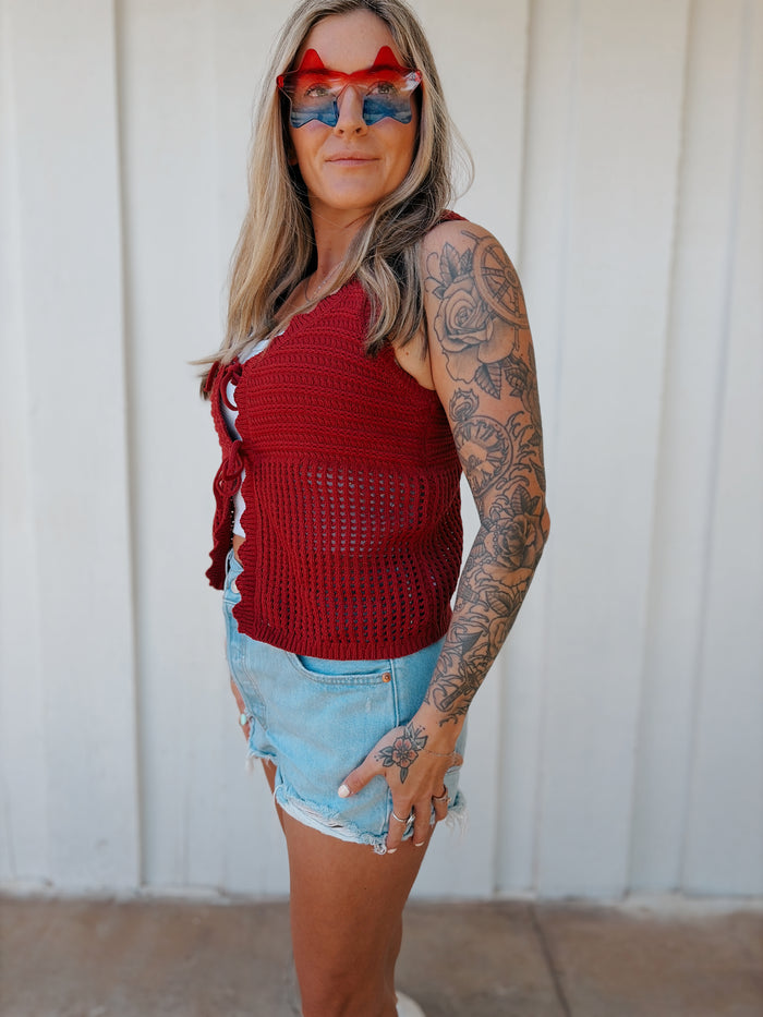 Dark Red Open Knit Double Tie-Front Vest