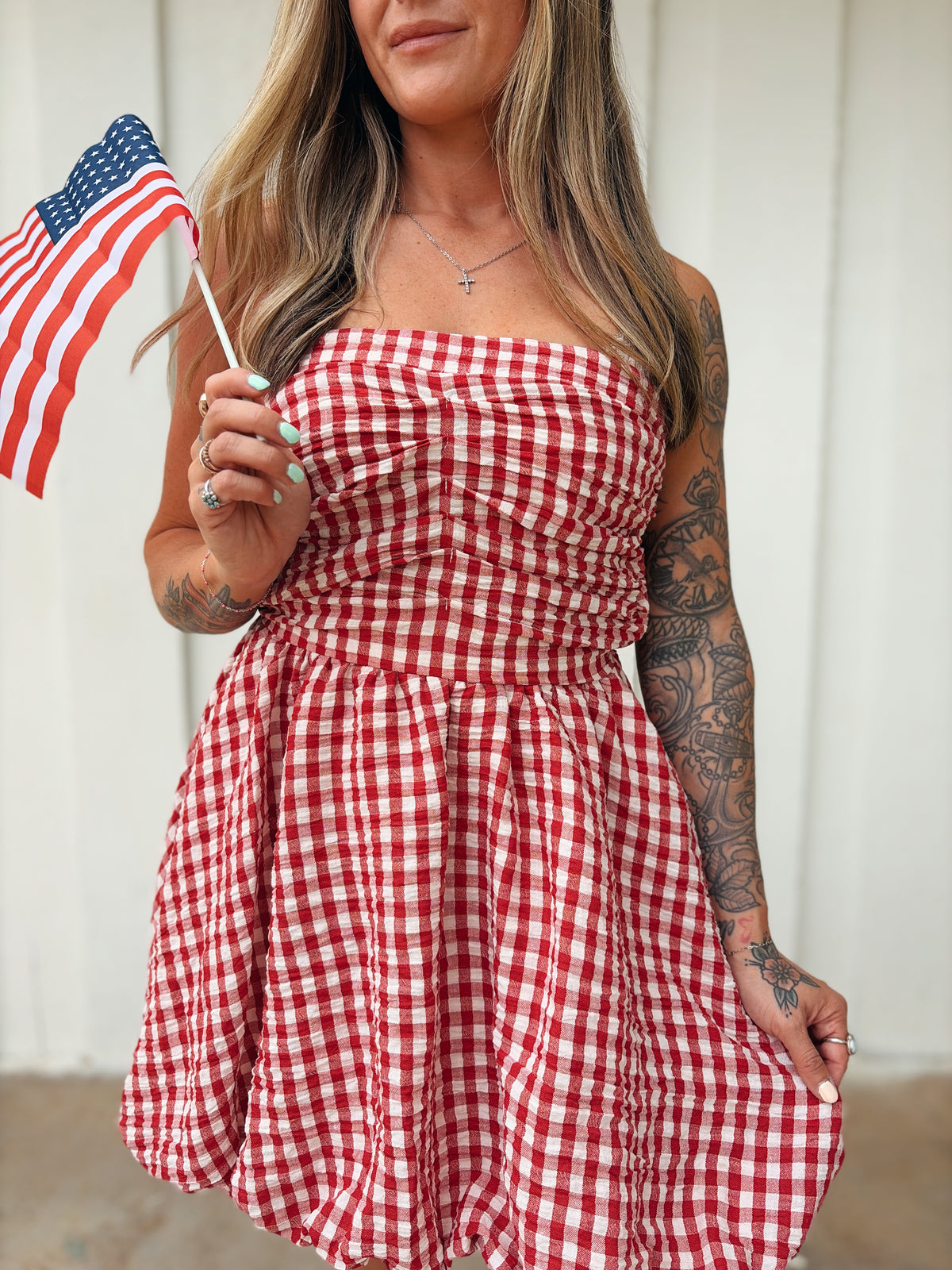 Woven Gingham Print Smocking Tube Mini Dress
