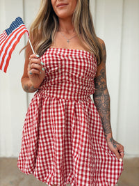 Woven Gingham Print Smocking Tube Mini Dress