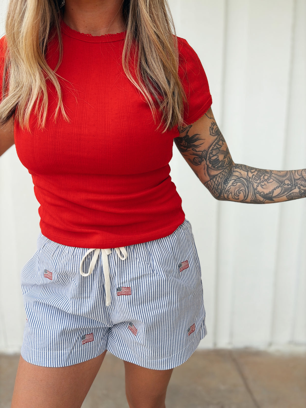 Pointelle Cherry Red Short Sleeve Top