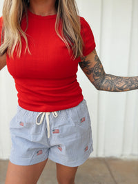 Pointelle Cherry Red Short Sleeve Top