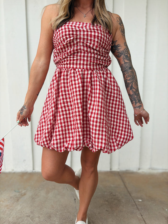 Woven Gingham Print Smocking Tube Mini Dress
