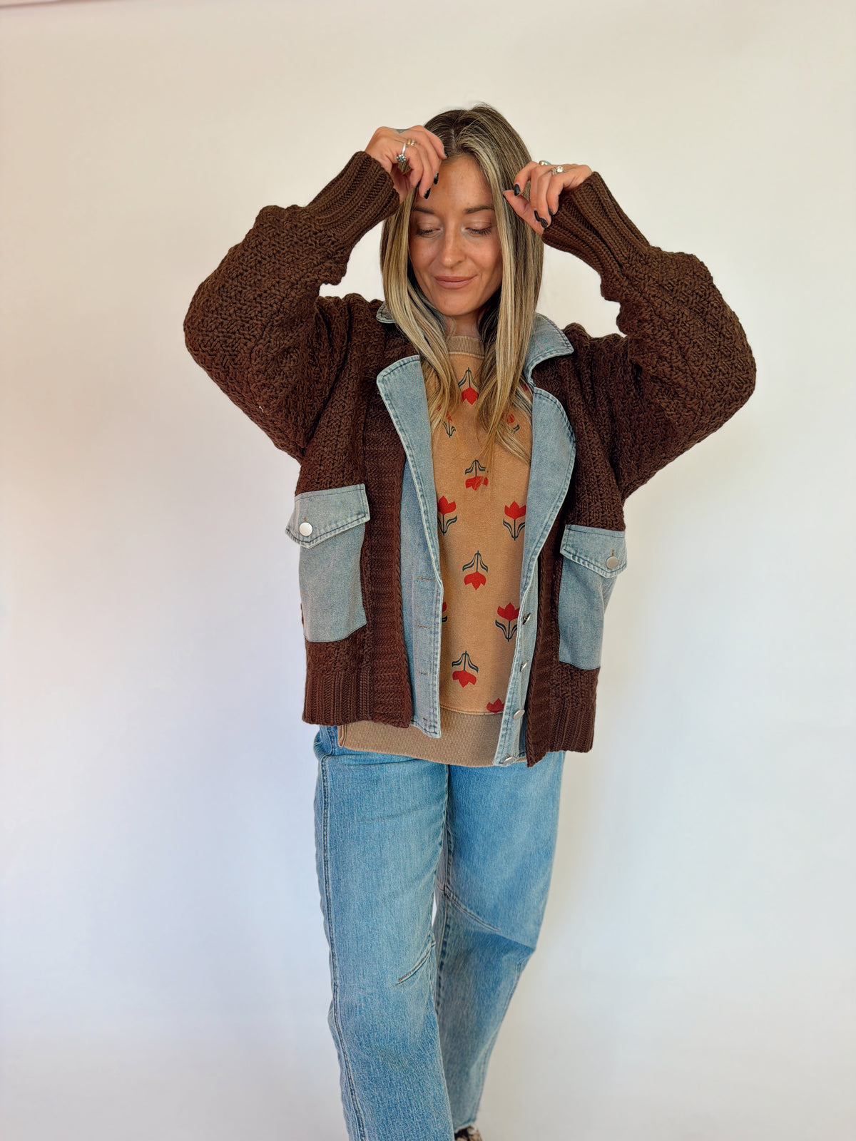 Mixed Cable Knit & Denim Jacket, alternate view