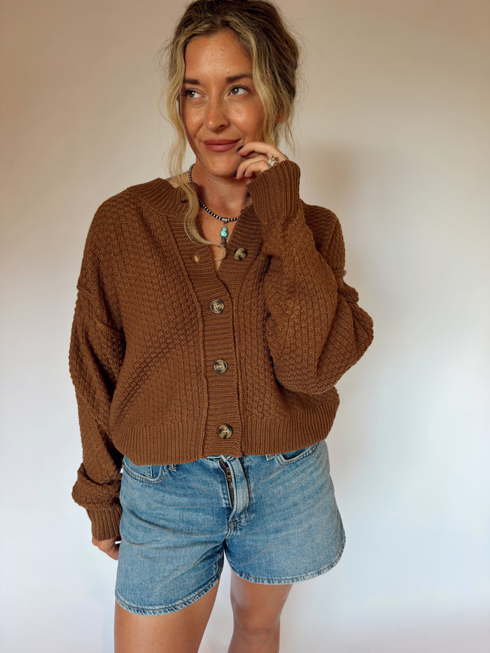 Teddy Brown Textured Knit Cropped Cardigan, alternate view