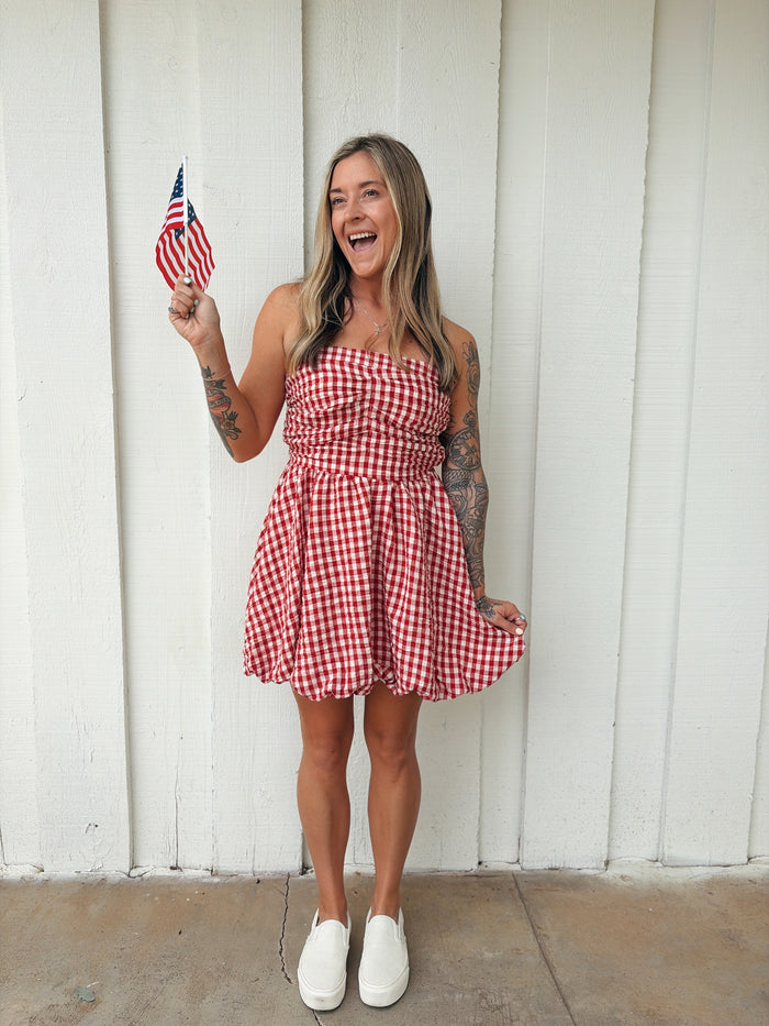 Woven Gingham Print Smocking Tube Mini Dress