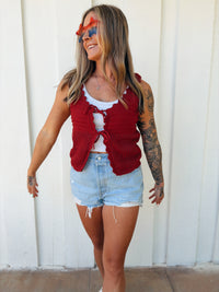 Dark Red Open Knit Double Tie-Front Vest