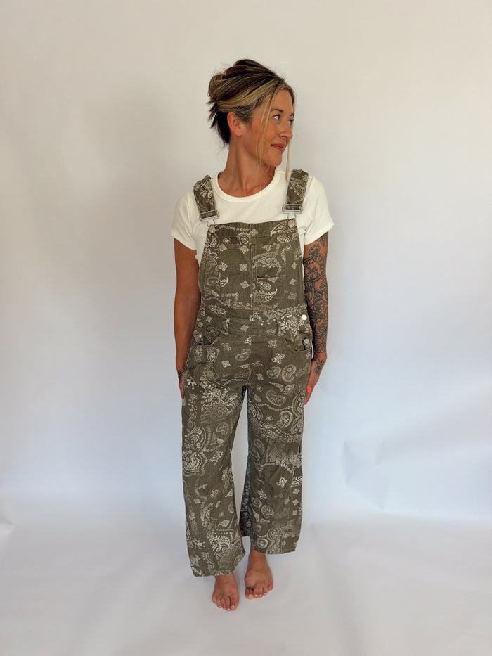 Olive Paisley Barrel Overalls ￼
