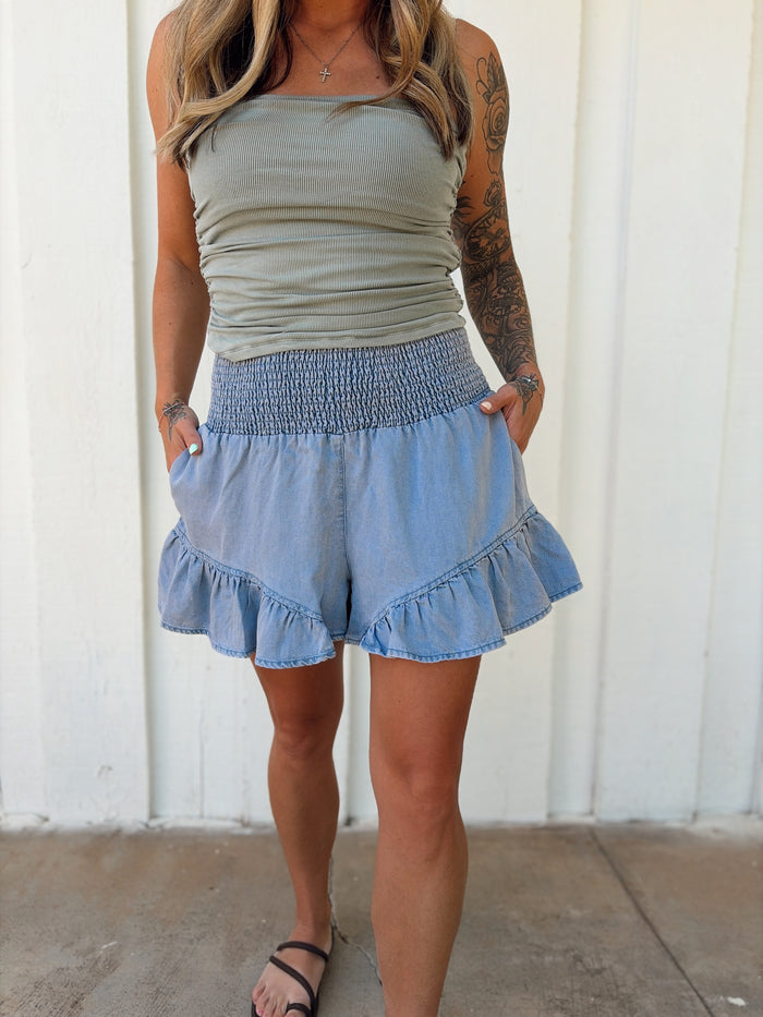 Ruffled Denim Shorts