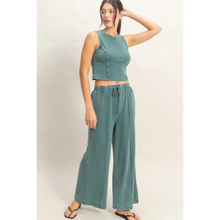 Mineral Washed Sleeveless Top & Wide Leg Pants Set Teal
