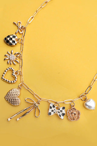 CHARM NECKLACE-BOW CHECKER HEART FLORAL |  GOLD
