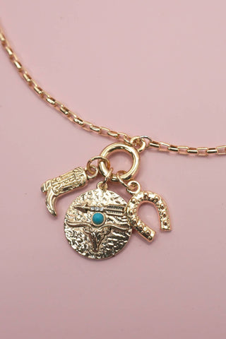 CLUSTER CHARM NECKLACE-WESTERN BOOT HORSESHOE |  GOLD