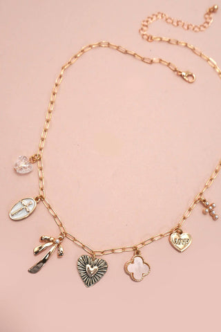 CHARM NECKLACE-CLOVER BOW CROSS HEART  | GOLD