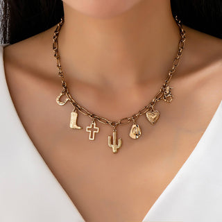 CHARM NECKLACE-WESTERN CROSS HAT HORSESHOE | GOLD