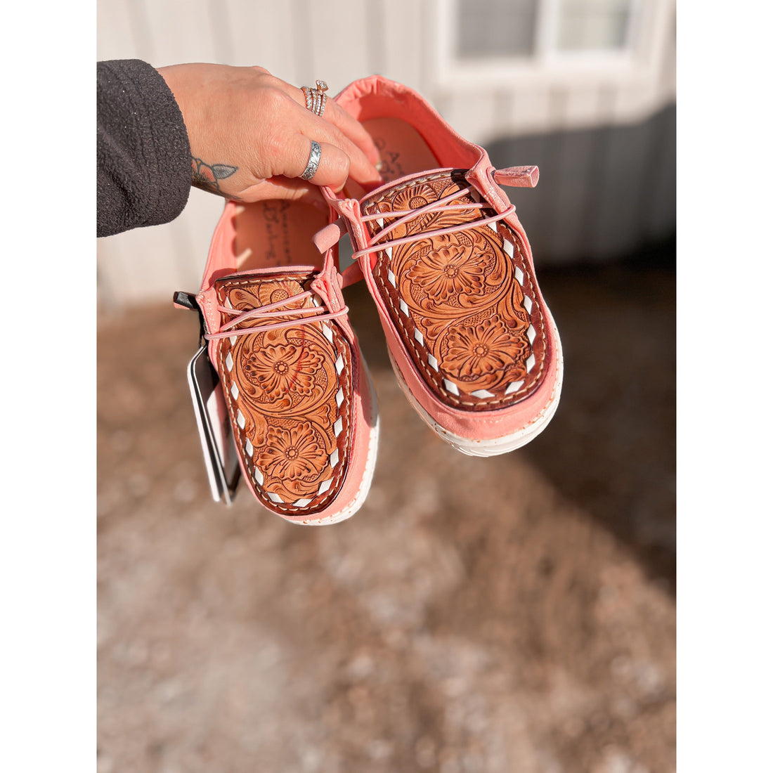 Pink Tooled-Leather Slip On Shoes